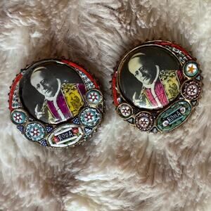 2 Antique Micro Mosaic Roman Pope Catholic Italy Italian Brass Brooch Pin Art